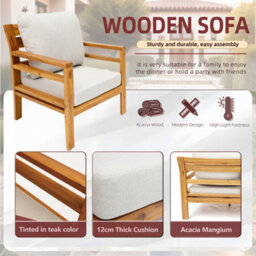 Abrihome 5-Seat Solid Wood Outdoor Lounge Set With 3-Seater Sofa, 2 Single Sofa, Coffee & Side Tables, Cushions Teak Finish - thumbnail 6