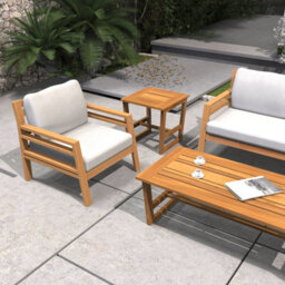 Abrihome 5-Seat Solid Wood Outdoor Lounge Set With 3-Seater Sofa, 2 Single Sofa, Coffee & Side Tables, Cushions Teak Finish - thumbnail 3
