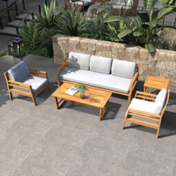 Abrihome 5-Seat Solid Wood Outdoor Lounge Set With 3-Seater Sofa, 2 Single Sofa, Coffee & Side Tables, Cushions Teak Finish - thumbnail 2