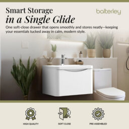 Balterley Dunwood Contemporary Bathroom Wall Hung 1 Drawer Vanity & Polymarble Basin, Satin White, 600mm - thumbnail 2