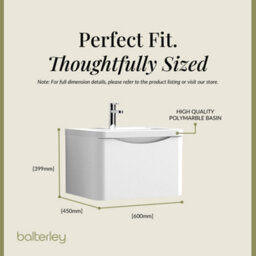 Balterley Dunwood Contemporary Bathroom Wall Hung 1 Drawer Vanity & Polymarble Basin, Satin White, 600mm - thumbnail 5