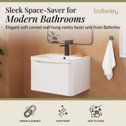 Balterley Dunwood Contemporary Bathroom Wall Hung 1 Drawer Vanity & Polymarble Basin, Satin White, 600mm - thumbnail 3