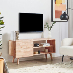 Beliani Rubberwood 1-Door Tv Stand Light Brown Retro Scandi - W130 X D36 X H59Cm - thumbnail 2