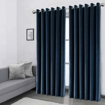 Ameha Navy Velvet Curtain Ready Made Eyelet Blackout Thermal Insulated Living Room Curtain Pair 90''x90'' With Tiebacks - image 1