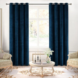 Ameha Navy Velvet Curtain Ready Made Eyelet Blackout Thermal Insulated Living Room Curtain Pair 90''x90'' With Tiebacks - thumbnail 2