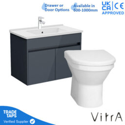 Vitra 800mm Wall Hung Bathroom Vanity Unit With 2 Doors Includes Basin, Chrome Tap And Back To Wall Toilet - Grey Gloss - thumbnail 1