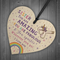 Red Ocean Novelty Sister Gift For Birthday Christmas Unicorn Plaque Wooden Heart From Brother - thumbnail 6