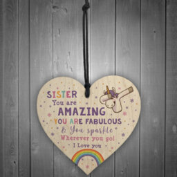 Red Ocean Novelty Sister Gift For Birthday Christmas Unicorn Plaque Wooden Heart From Brother - thumbnail 2