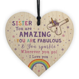 Red Ocean Novelty Sister Gift For Birthday Christmas Unicorn Plaque Wooden Heart From Brother - thumbnail 1