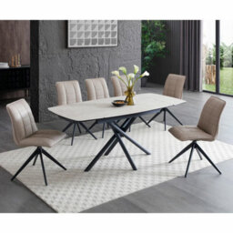Xample Indus Valley Skylar Ceramic Extending Dining Table Set 120-180 Cm, 6 Taupe Faux Leather Chairs, Black Iron Legs, Seats 6-8