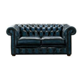 Chesterfield 2 Seater Antique Blue Real Leather Sofa Settee Bespoke In Classic Style - thumbnail 1