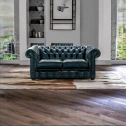 Chesterfield 2 Seater Antique Blue Real Leather Sofa Settee Bespoke In Classic Style - thumbnail 2