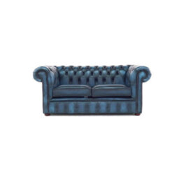 Chesterfield 2 Seater Antique Blue Real Leather Sofa Settee Bespoke In Classic Style - thumbnail 3