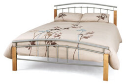 Save On Goods UK 4Ft Small Double Silver Metal Tubular Bed Frame, Beech Wood Finish Corner Posts.strong Sturdy Frame Bedstead Base. - thumbnail 1