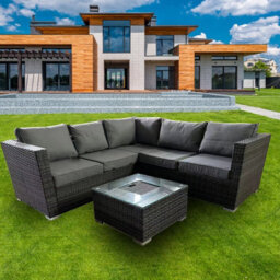 5 Seater Rattan Garden Furniture Set, Patio Corner Sectional Sofa With Ice Bucket Coffee Table, Padded Patio Sofa Set - Gray - thumbnail 3