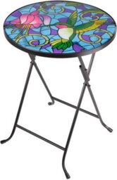 Outdoor Folding Side Table With Mosaic Hummingbird Glass Top - thumbnail 1
