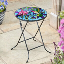Outdoor Folding Side Table With Mosaic Hummingbird Glass Top - thumbnail 2