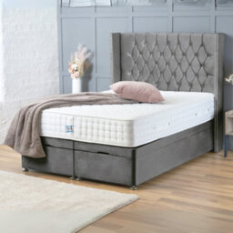 Bsspoke Divan Ottoman Bed Grey Velvet With Free Mattress & 54Inch Wingback Chesterfield Headboard End Lift Up Storage 4Ft 5Ft 6Ft - thumbnail 1