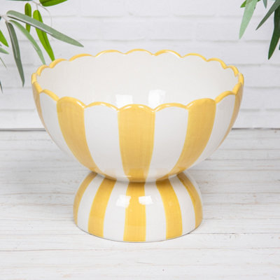 Annibells Green Yellow Blue & White Striped Fruit Bowl Scalloped Ceramic Pedestal Dish (26146) - Yellow - image 1