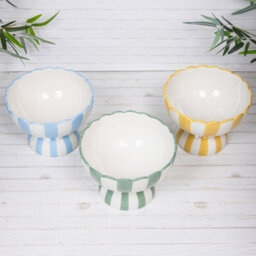 Annibells Green Yellow Blue & White Striped Fruit Bowl Scalloped Ceramic Pedestal Dish (26146) - Yellow - thumbnail 3