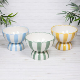 Annibells Green Yellow Blue & White Striped Fruit Bowl Scalloped Ceramic Pedestal Dish (26146) - Yellow - thumbnail 2
