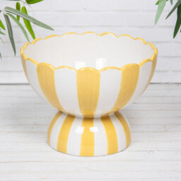 Annibells Green Yellow Blue & White Striped Fruit Bowl Scalloped Ceramic Pedestal Dish (26146) - Yellow - thumbnail 1