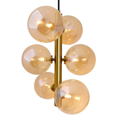 Long Life Lamps Company 6 Cluster Amber Glass Globe Lamp Shades Brass Ceiling Pendant Light K443 - image 1