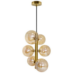 Long Life Lamps Company 6 Cluster Amber Glass Globe Lamp Shades Brass Ceiling Pendant Light K443 - thumbnail 2