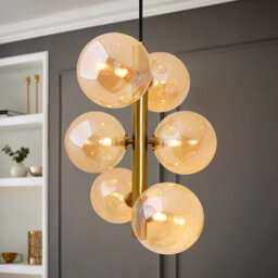 Long Life Lamps Company 6 Cluster Amber Glass Globe Lamp Shades Brass Ceiling Pendant Light K443 - thumbnail 5