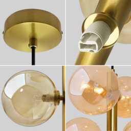 Long Life Lamps Company 6 Cluster Amber Glass Globe Lamp Shades Brass Ceiling Pendant Light K443 - thumbnail 4