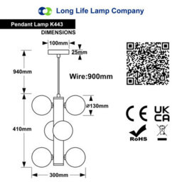 Long Life Lamps Company 6 Cluster Amber Glass Globe Lamp Shades Brass Ceiling Pendant Light K443 - thumbnail 8