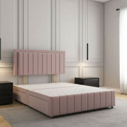 REGIONAL FURNISHINGS Pink Plush Velvet Divan Bed Set Upholstered 24Inch Headboard & Footboard & 4 Drawers No Mattress In 3Ft 4Ft 4Ft6 5Ft 6Ft Sizes