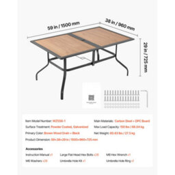 Vevor Outdoor Patio Dining Table, 150Cm Long Rectangular Wood-Like Steel Slat Backyard Bistro Tables For 4-6, Brown - thumbnail 7