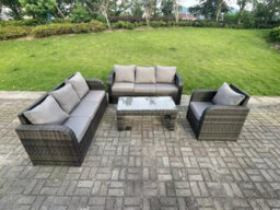 Fimous 7 Seater Dark Grey Pe High Back Rattan Garden Furniture Set Reclining Chair Lounge 3 Seater Sofa Set Coffee Table - thumbnail 2