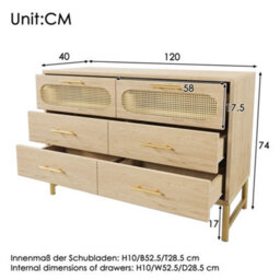 Matteo Spacious Rattan Sideboard Storage Cabinet With 6 Drawers, Metal Handles, Anti-Tip, Oak Finish - thumbnail 2