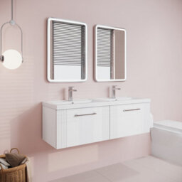 Balterley Belvide Partial Fluted 2 Drawer Wall Hung Vanity Unit With Double Polymarble Basin - 1200mm - Satin White - thumbnail 4