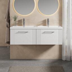 Balterley Belvide Partial Fluted 2 Drawer Wall Hung Vanity Unit With Double Polymarble Basin - 1200mm - Satin White - thumbnail 2