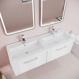 Balterley Belvide Partial Fluted 2 Drawer Wall Hung Vanity Unit With Double Polymarble Basin - 1200mm - Satin White - thumbnail 3