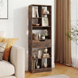 Brown Bookcase With Drawer Tall Organizer For Living Room With 8 Open Cubes - thumbnail 5