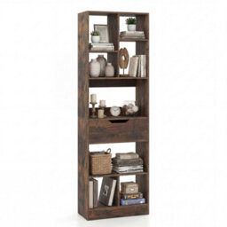 Brown Bookcase With Drawer Tall Organizer For Living Room With 8 Open Cubes - thumbnail 1