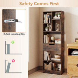 Brown Bookcase With Drawer Tall Organizer For Living Room With 8 Open Cubes - thumbnail 6
