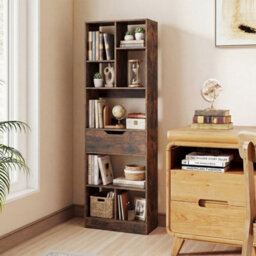 Brown Bookcase With Drawer Tall Organizer For Living Room With 8 Open Cubes - thumbnail 3