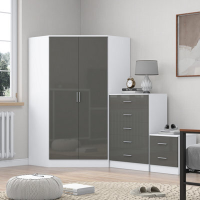 Reflect 2 Door Corner Wardrobe, 5 Drawer Chest, 2 Drawer Bedside - Grey Gloss & Matt White - Bedroom Furniture Set - image 1