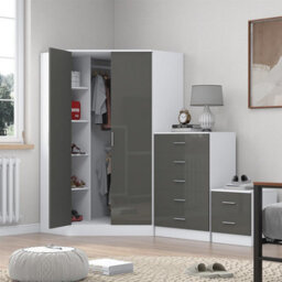 Reflect 2 Door Corner Wardrobe, 5 Drawer Chest, 2 Drawer Bedside - Grey Gloss & Matt White - Bedroom Furniture Set - thumbnail 2