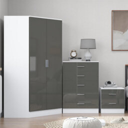 Reflect 2 Door Corner Wardrobe, 5 Drawer Chest, 2 Drawer Bedside - Grey Gloss & Matt White - Bedroom Furniture Set - thumbnail 3