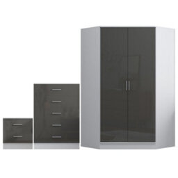 Reflect 2 Door Corner Wardrobe, 5 Drawer Chest, 2 Drawer Bedside - Grey Gloss & Matt White - Bedroom Furniture Set - thumbnail 6