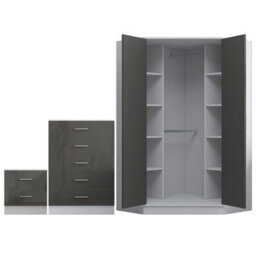 Reflect 2 Door Corner Wardrobe, 5 Drawer Chest, 2 Drawer Bedside - Grey Gloss & Matt White - Bedroom Furniture Set - thumbnail 7