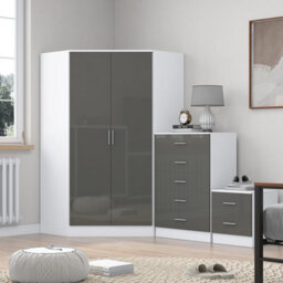 Reflect 2 Door Corner Wardrobe, 5 Drawer Chest, 2 Drawer Bedside - Grey Gloss & Matt White - Bedroom Furniture Set - thumbnail 1