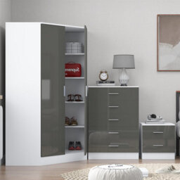 Reflect 2 Door Corner Wardrobe, 5 Drawer Chest, 2 Drawer Bedside - Grey Gloss & Matt White - Bedroom Furniture Set - thumbnail 4