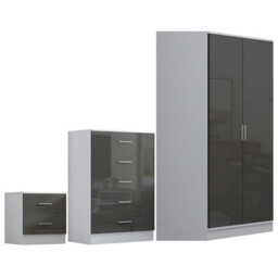 Reflect 2 Door Corner Wardrobe, 5 Drawer Chest, 2 Drawer Bedside - Grey Gloss & Matt White - Bedroom Furniture Set - thumbnail 5